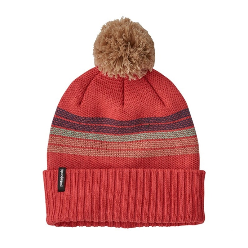 Patagonia Kid's Powder Town Pom Pom Beanie Forest Stripe Knit / Sumac Red Os